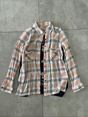 Free People Plaid Button-Up Shirt - Light Pink & White with silk back